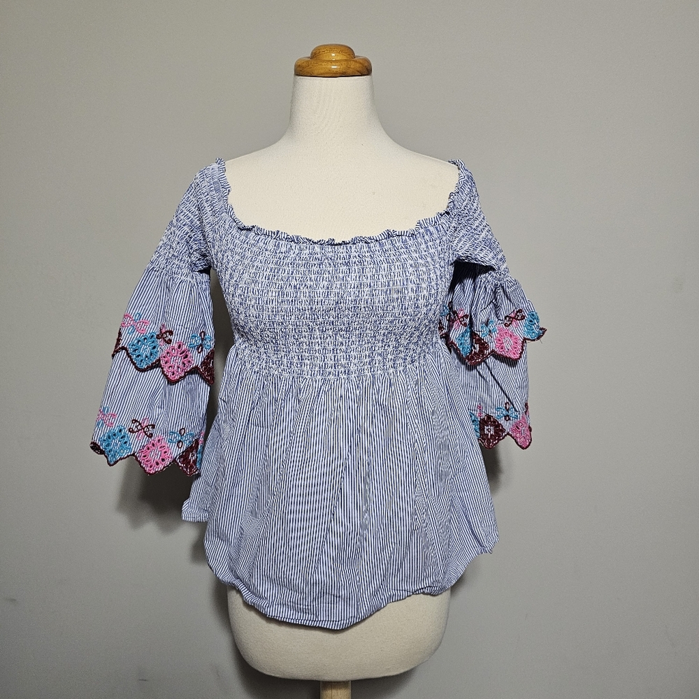 LOFT Blue Stripe Embroidered Off Shoulder Top SP